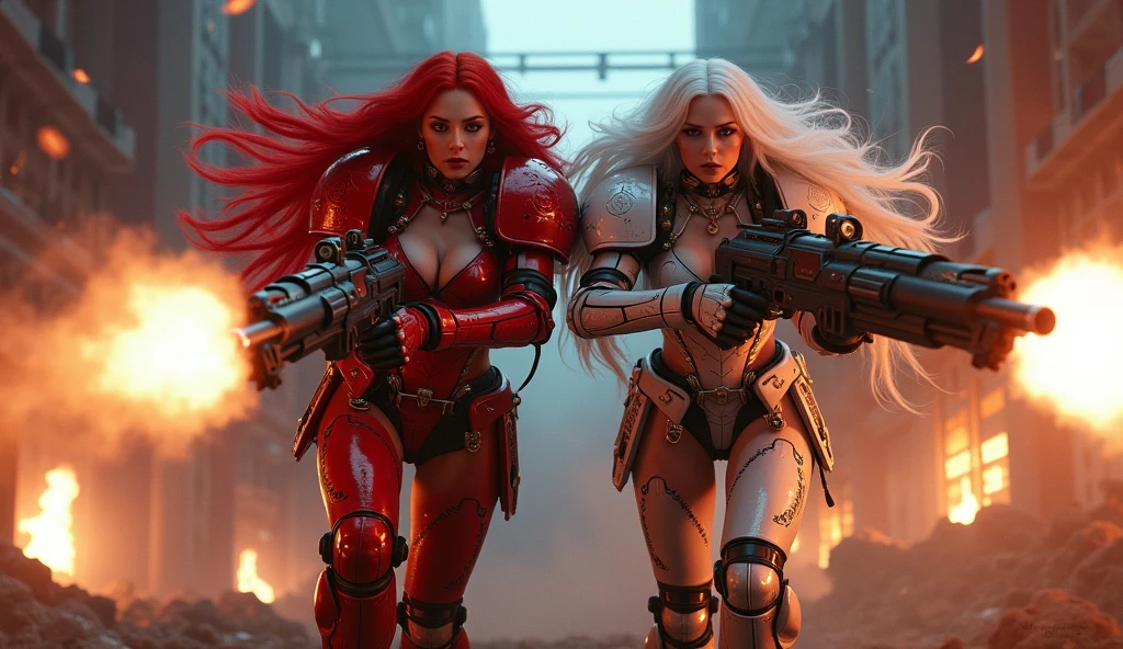 Full body pose sexy sisters of battle from the warhammer 40k, shooting at the enemy, red space marine armor with intricate details, white space marine armor with intricate details, symbols on the armor, sisters of battle, warhammer 40k, Massive exposed silicone breast, pale skin, seductive, temptation, eat your soul, clevage, long red flowing hair, long white flowing hair, long black flowing hair with purple highlights, heavy gothic makeup, at night, neon, beautiful detailed eyes, beautiful detailed lips, extremely detailed eyes and face, long eyelashes, highly detailed armor, intricate futuristic weaponry, dramatic lighting, cinematic composition, muted color palette, gritty and realistic, mecha, science fiction, hyper-detailed, photorealistic, award winning digital art, 8k, HDR, masters work, in the middle of a battle field, full body combat action pose, explosions and fire around, full war, stunning, Stilleto heels, high heels, full body pose, cinematic, movie trailer, final stand!, nemesis, ready to strike, dust and debree, combat screams, attacking, shooting at the enemy, running forward, last line of defense, charging, fanatic, religious, templar knights, sisters of battle, warhammer 40k, shooting at the enemy, bimbo gigantic exposed breast, jetpacks, space marine