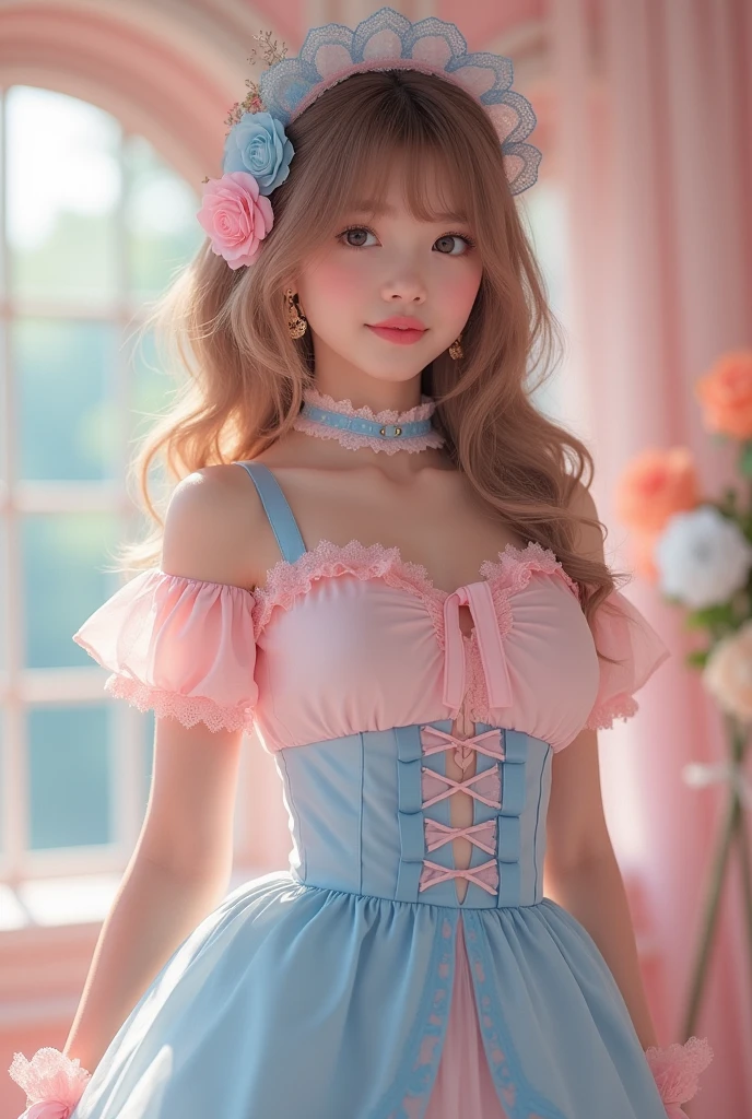 (Highest quality、masterpiece、8k、Best image quality、Hyperrealism、Award-winning works)、1 cute beautiful girl、(alone:1.1)、(1 photo:1.1)、(cute, Girlish, A sheer ta dress in light pink and light blue:1.2)、(Cute Girlish big ribbon:1.1)、(Cute and luxurious hair accessories:1.1)、(The perfect Loliress with attention to detail:1.2)、(A cute dress with frills and ribbons:1.1)、(cute lolita d with lace decorations:1.1)、(Cute Girlish lolita wavy :1.1)、(Low length:1.1)、(height: 140cm:1.1)、(Very large breasts:1.5)、(Glamorous Body:1.5)、(Big cleavage:1.5)、(Pink Roses:1.1)、(cuteハートのシンボル:1.1)、cuteフリルがいっぱい、(大きなcuteリボン:1.1)、Accentuate your body lines、Slender body、Standing Elegantly、(Pastel color Girlish and luxurious lolita room backnd:1.1)、(A fairytale room with attention to detail:1.1)、(cute水色の装飾壁:1.2)、(cute room with a っぽい atmosphere in pastel colors:1.1)、(cute room with very bright and shiny pastel colors:1.4)、(A very bright and shiny room:1.2)、(Lots of pastel colors:1.2)、(very bright and vivid:1.4)、(cuteパステルカラーの壁飾り:1.2)、Blurred Background、Standing Elegantly少女、Accurate anatomy、Perfect Makeup、Long eyelashes、Glossy Lips、Ultra HD glossy skin、(Ultra-high resolution, bright and beautiful skin:1.2)、(Super bright and radiant skin:1.2)、超高精細のGlossy Lips、Ultra-high resolution beautiful teeth、Light brown and blonde hair、Light brown eyes