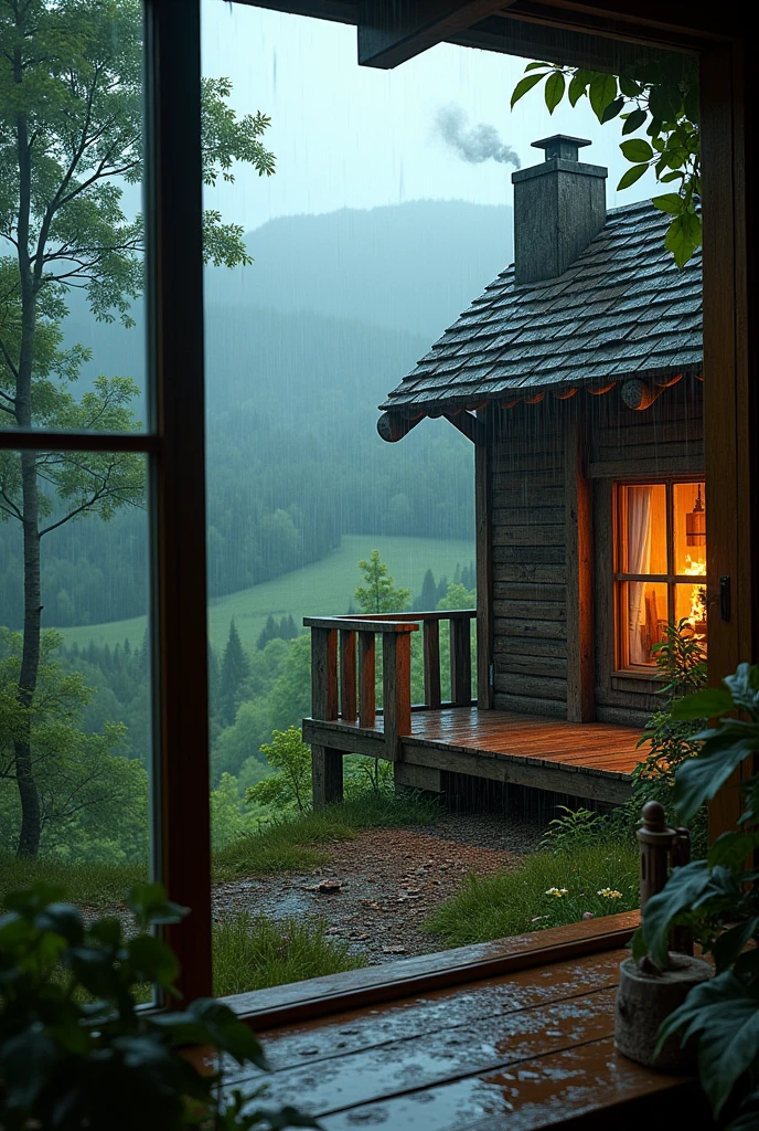 In a cabin in the woods、It's raining。