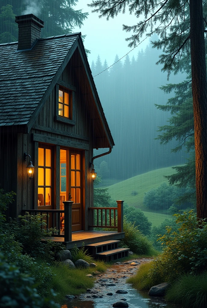 In a cabin in the woods、It&#39;s raining。