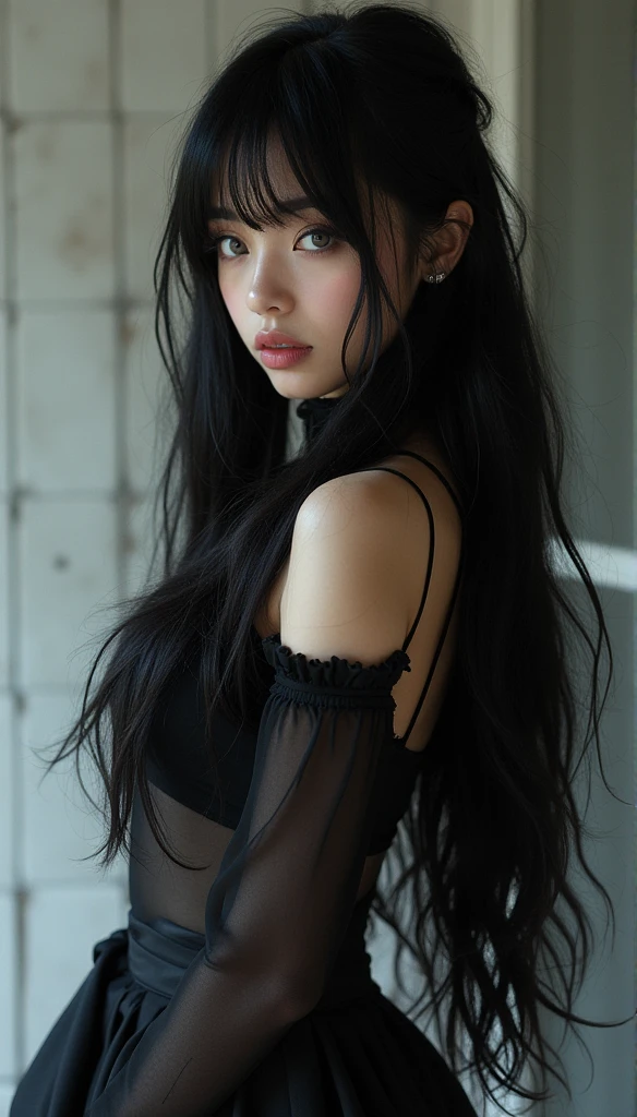 Arafed woman with long black hair and a black dress - SeaArt AI