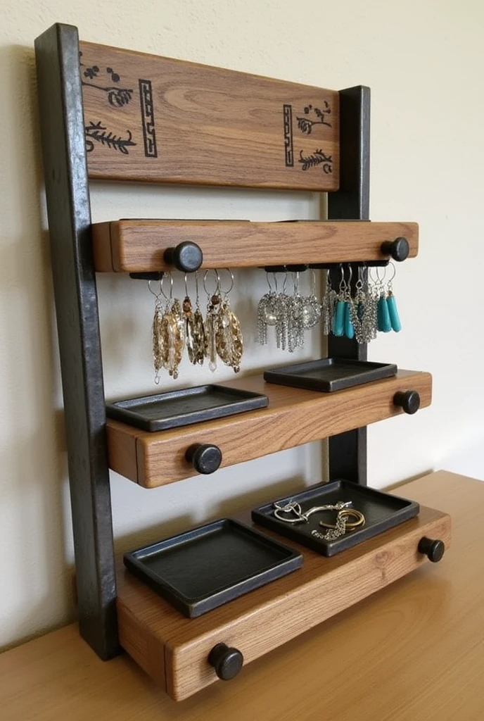 You can create a three-tiered wood and iron jewelry display for earrings with samples and an additional bracelet holder and an industrial touch with light ornaments and trays.