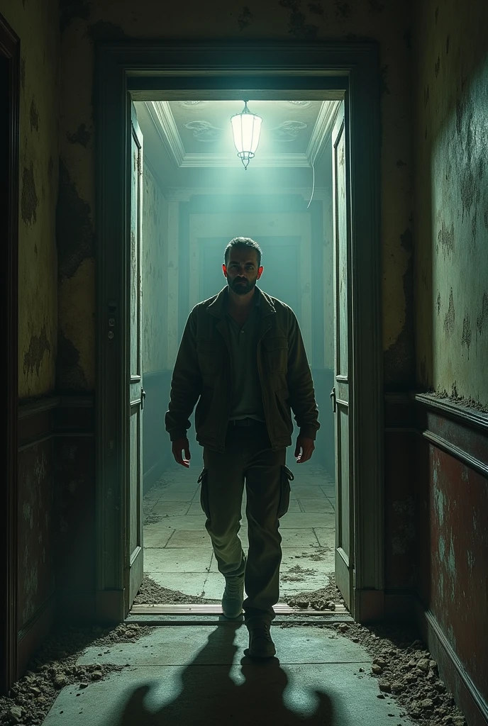 Man exiting underground elevator, of an abandoned mansion