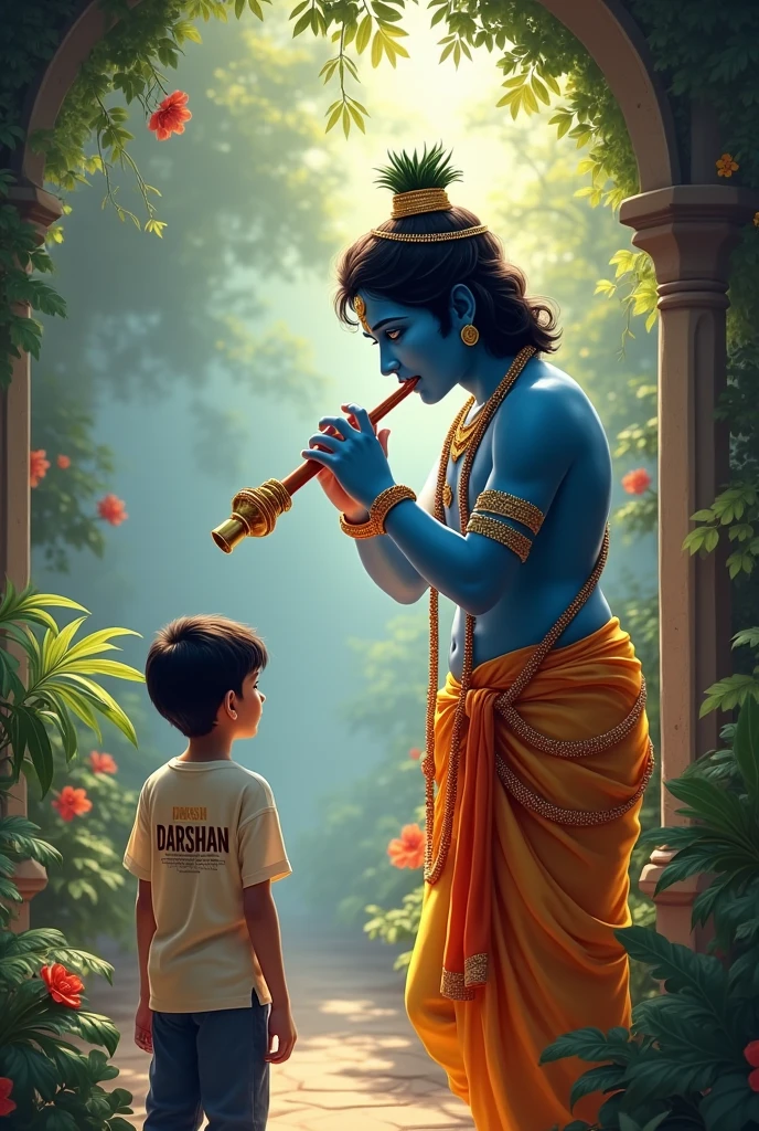 Shree krishna with playing basuri and in corner one boy stand on that boy's T-shirt write the name of darshan in big fonts 