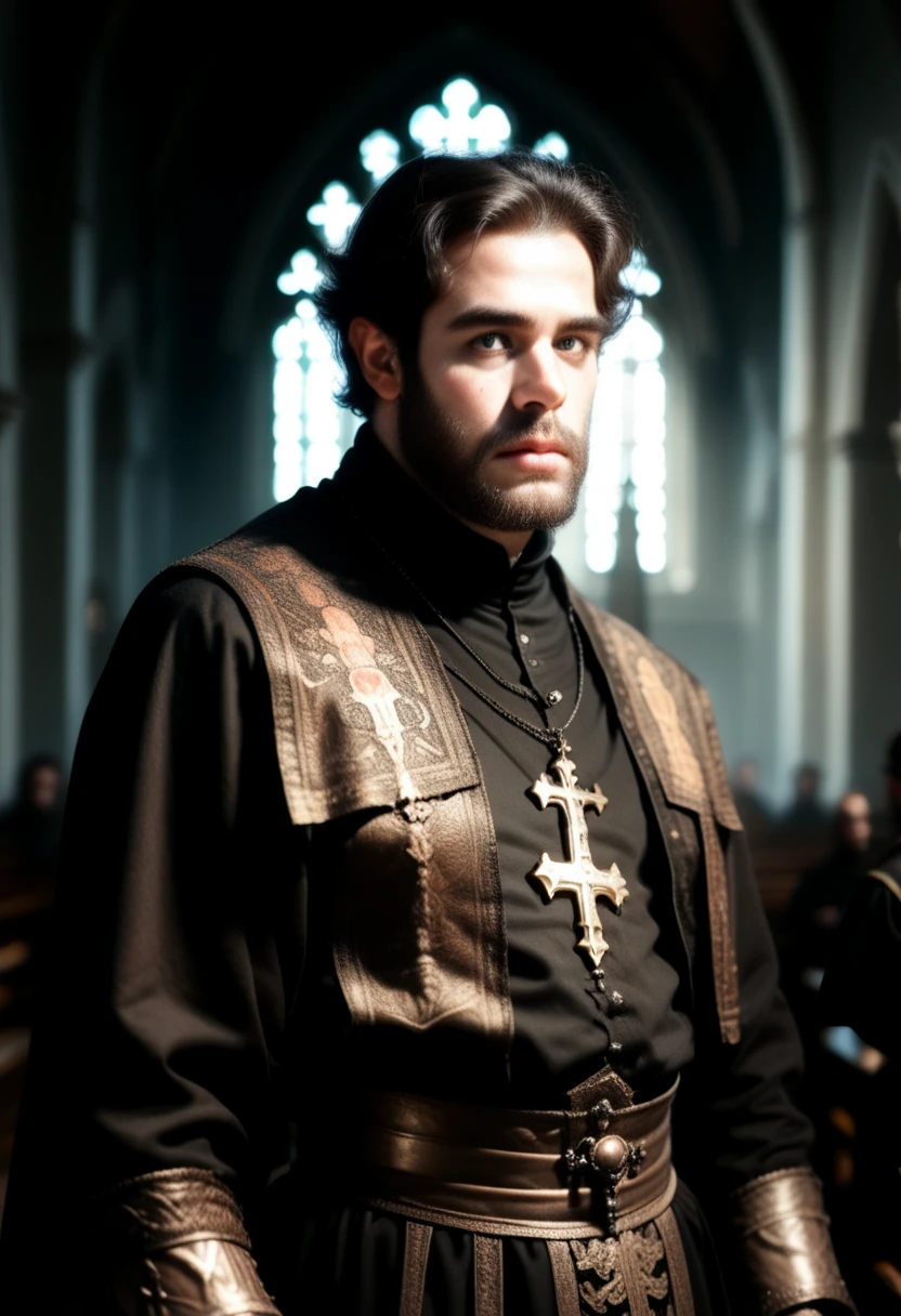 a dwarf man in a priest outfit standing in a church, detailed face, medieval, fantasy