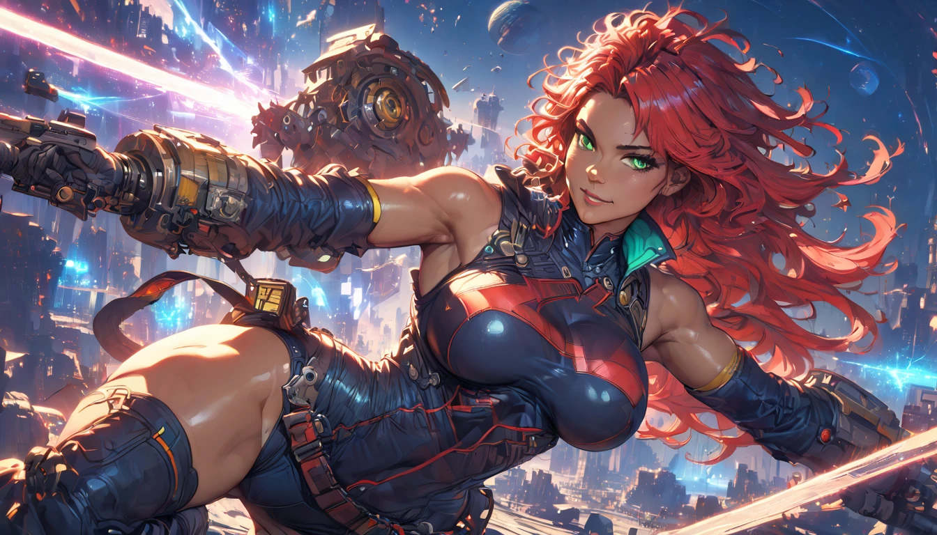 best quality,4k,8k,highres,masterpiece:1.2),ultra-detailed, extremely detailed eyes, extremely detailed body, (large masterpiece digital art), (detailed manga illustration), (detailed line art), ((perfect anatomy)), (intricate details:1.3), (ultra-detailed:1.3), (illustration:1.3), (sharp focus:1.3), (natural lighting:1.05), (vivid colors:1.3), (masterpiece), (best quality:1.4), (perfect anatomy:1.4), high quality, expressive eyes, full body, detailed face, beautiful face, perfect face, 1 girl, breasts, cleavage, gloves, large breasts, cyberpunk clothes, jacket, black jacket, very long hair, thigh length hair, ({dark skin}), dark-skinned female ,detailed ((red hair)), messy hair, green eyes, hourglass physique, bodysuit, ultramarine bodysuit, sleeveless, shorts, thick thighs, toned, captain marvel emblem, emblem, superhero, dynamic lighting, cinematic lighting, dynamic heroic pose, smiling, outer space background, curvy, Atey Ghailan, Jeremy Mann, Greg Manchess, Antonio Moro, trend in ArtStation, trend in CGSociety, Intricate, High Detail, Sharp focus, dramatic and photorealistic painting art by Midjourney and Greg Rutkowski, Jeff Bridges, ((cartoon style)), Marvel Cinematic Universe style