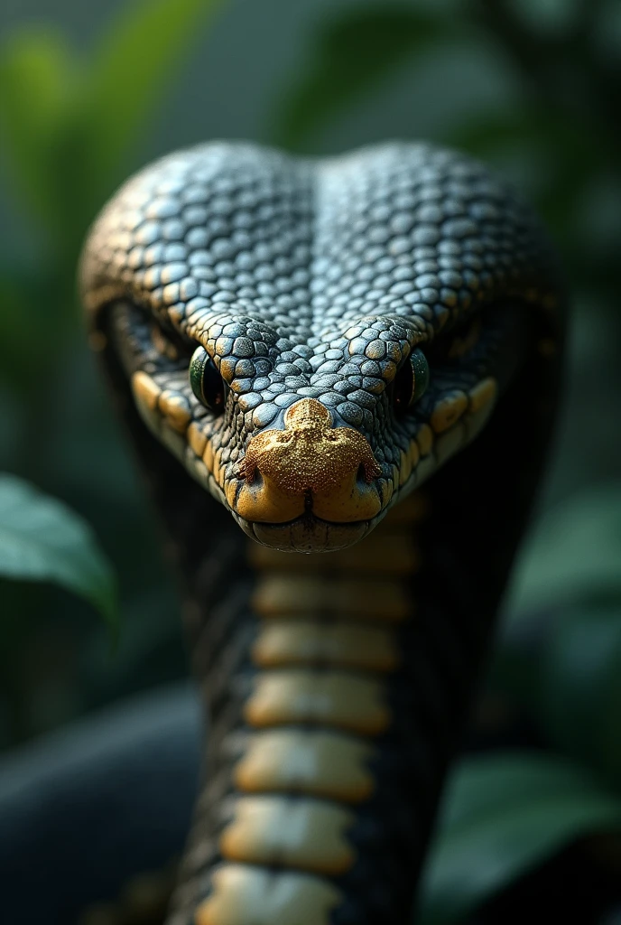 A cobra snake is looking at me wearing a gold nosepin 