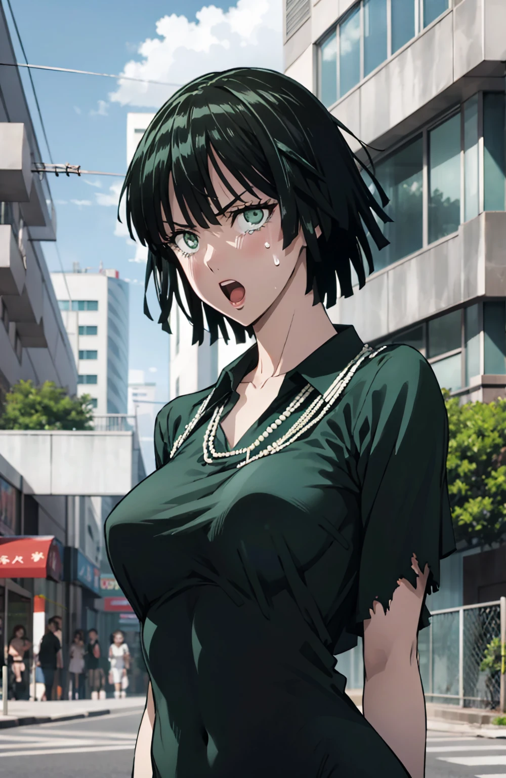 (((pixel-perfect, detail-perfect))), 独奏, 1girl, fubuki, collared dress, collarbone, necklace, looking at viewer, closed mouth、Torn clothes、NSFW、 exposed、Nipples、Large areola