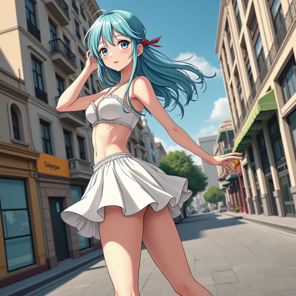 Create the same image of a single beautiful anime girl of 2 with white skin and aqua blue hair color with blue eyes with a white miniskirt all flirtatious showing sensual poses with underwear in the city of Buenos Aires.