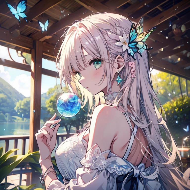 1 person、mature、Ample breasts、Long Hair、Emerald green eyes、profile、Look to the side、dress、Shoulder Bare、gem、necklace、Earrings、bracelet、Lace fabric、prism、Globe algae、Globe algaeの妖精、lake、Natural light、Pink Flower、Butterflies fluttering、Soap bubble、High resolution、Highest quality