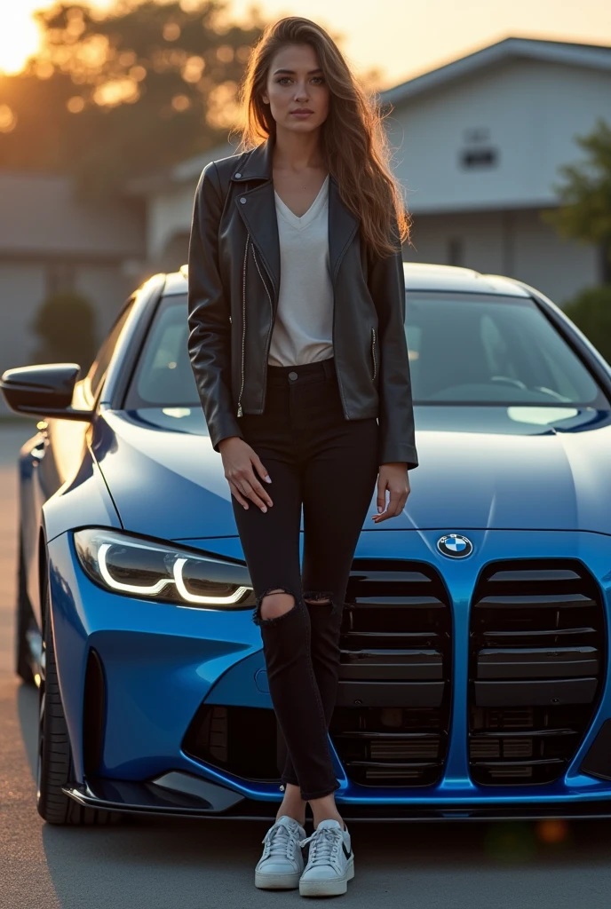 A girl back with bmw m4 cs in bmw color edition car