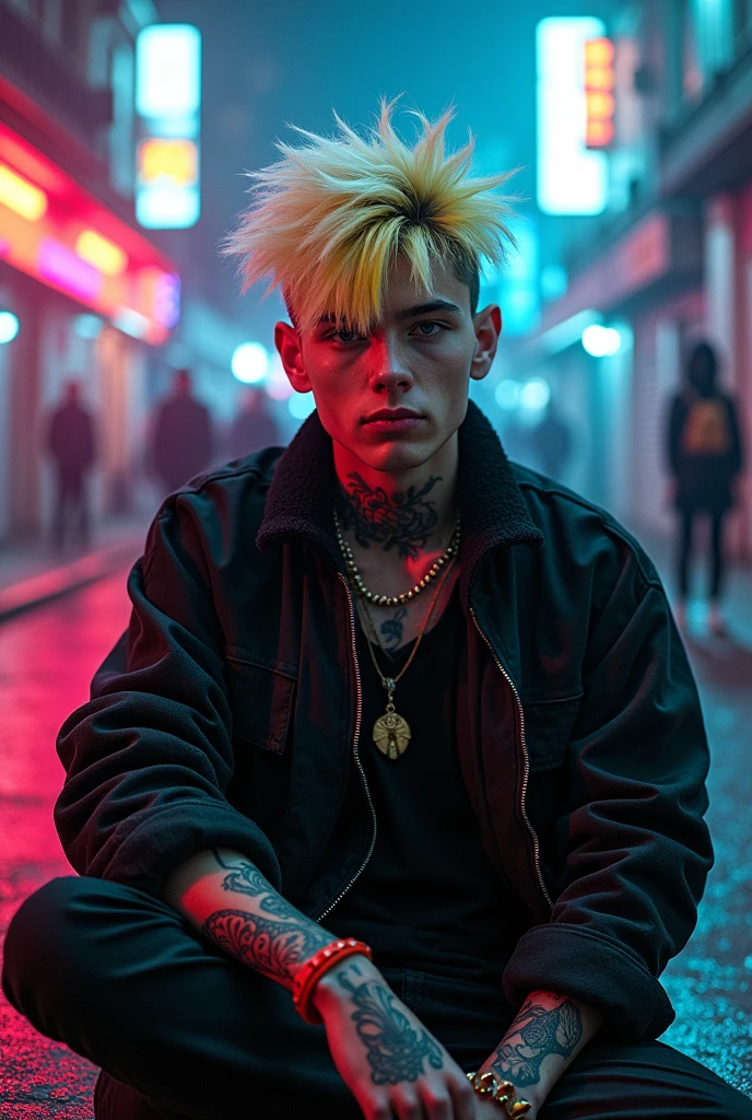 (boy, white yellow hair, cool black open short jacket, tatoos, messy fade cut hair, crazy, sit pose, on futuristic neon night street background,