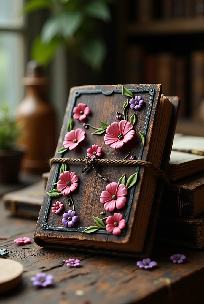 Vintage brown wooden made diary with 3D small flowers that a witch will have