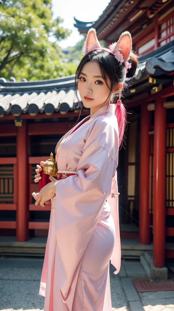 an oriental girl,Pink double ponytail long hair,Fox ears,bell headdress,Big breasts,Wearing Japanese Kimono,Chest bell jewelry,little foot bell jewelry,in front of buddhist temple,runner,4K