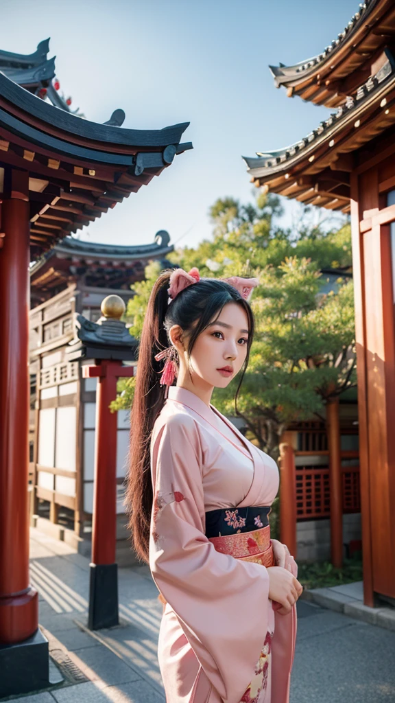 an oriental girl,Pink double ponytail long hair,Fox ears,bell headdress,Big breasts,Wearing Japanese Kimono,Chest bell jewelry,little foot bell jewelry,in front of buddhist temple,runner,4K