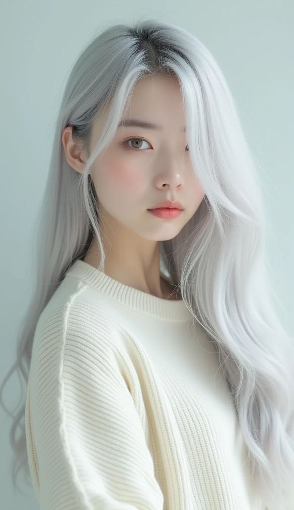 there is a woman with long hair and a white sweater, a pastel by Lü Ji, trending on cg society, rococo, girl Chinese fashion silver hair, ulzzang, long white hair and bangs