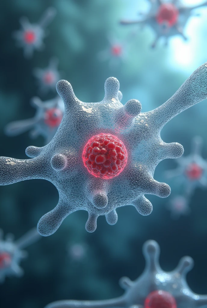molecular scale image, where a mesh of carbon biomaterial is seen surrounding a cell
