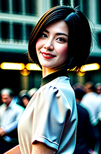 8k, ultra realistic, masterpiece, best quality, ultra detailed, beautiful face, beautiful skin, photorealistic, (professional lighting:1.2), nier_automata, 2B, light smile, pearl necklace, looking at viewer, cowboy shot, focus on face, ultra sharp, on street in business district, ultra detailed photo background, (((with the crowd)))