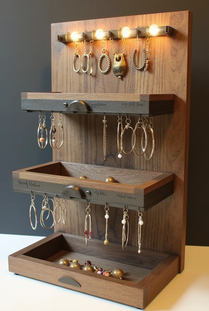 You can create a three-tiered wood and iron jewelry display for earrings with samples and an additional bracelet holder and an industrial touch with light ornaments and trays.