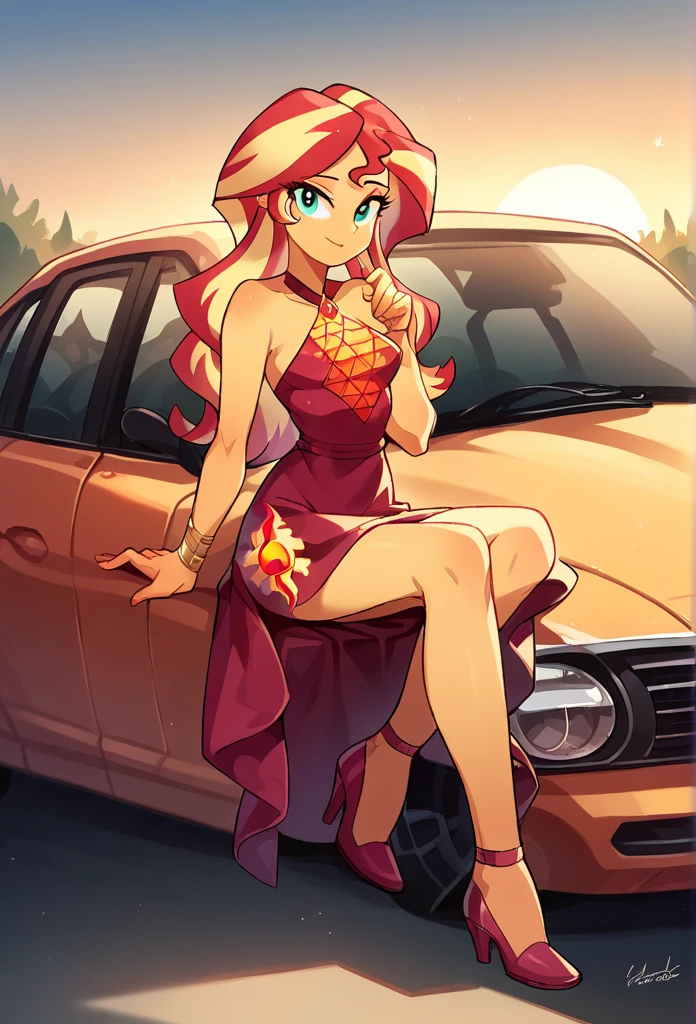 Sunset Shimmer de Equestria Girls, looking at the viewer, Sunset, pretty eyes, beautiful face, small breasts, press dress, beautiful face, Bright and beautiful eyes, High heels, become night, car,