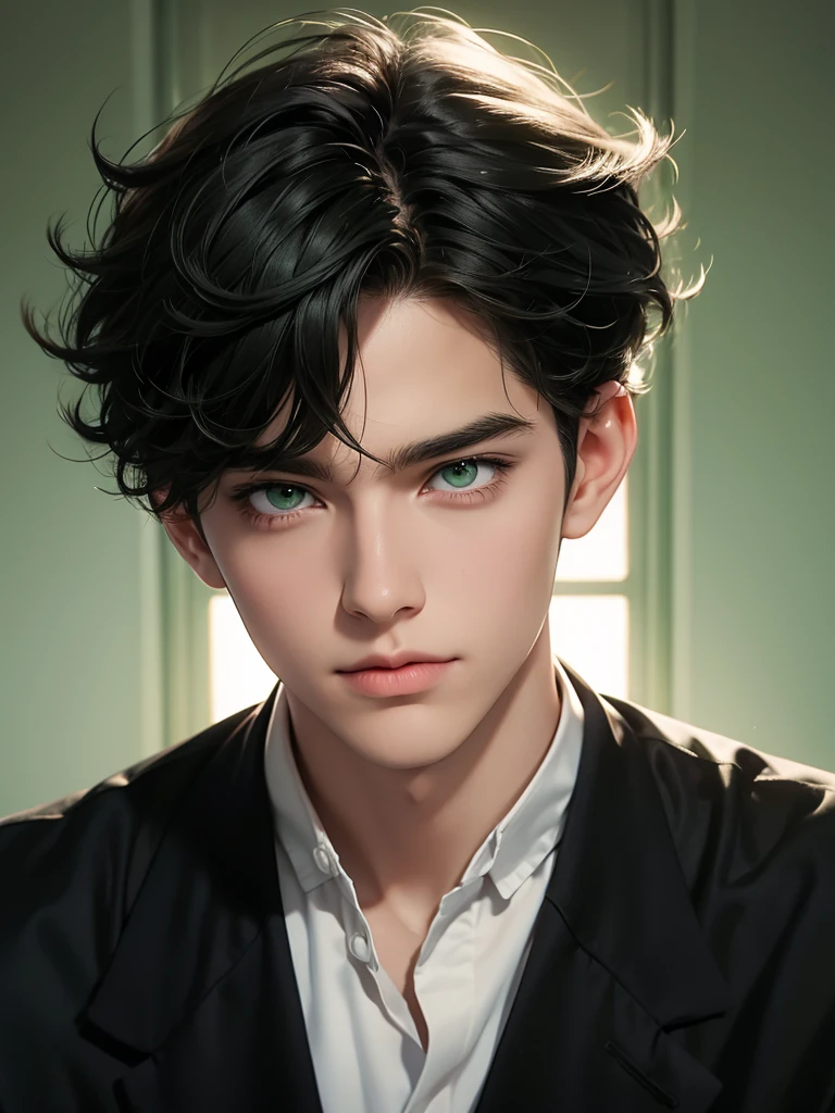 Green eyes, monolid eyes, Short hair, Black hair, Fringe curly haircut, using school uniform for a senior boy, in the school, normal face, bright color. anime guy