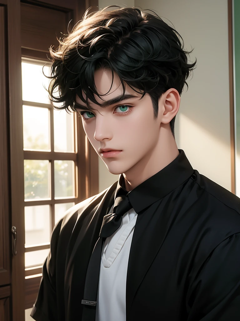 Green eyes, monolid eyes, Short hair, Black hair, Fringe curly haircut, using school uniform for a senior boy, in the school, normal face, bright color. anime guy