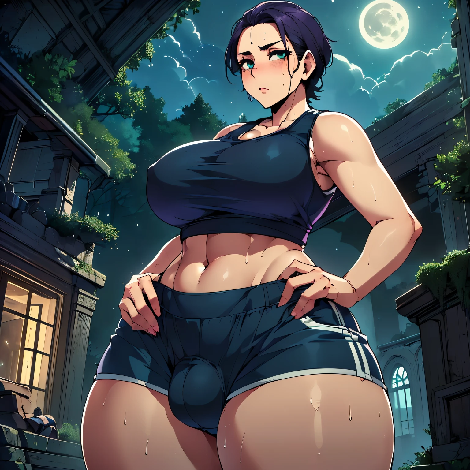 (Highest quality:1.2),(Perfect beautiful face:1.2),(Perfect and beautiful posture:1.2), ((midnight, moonlight, In the eerie forest, In a small room in the ruins), (Sweaty woman, (Mature Woman), (Sweaty female body, Chubby: 0.8),(Wearing a sporty tank top), (((Pose with both hands holding the crotch))), ((Wearing short spats)))