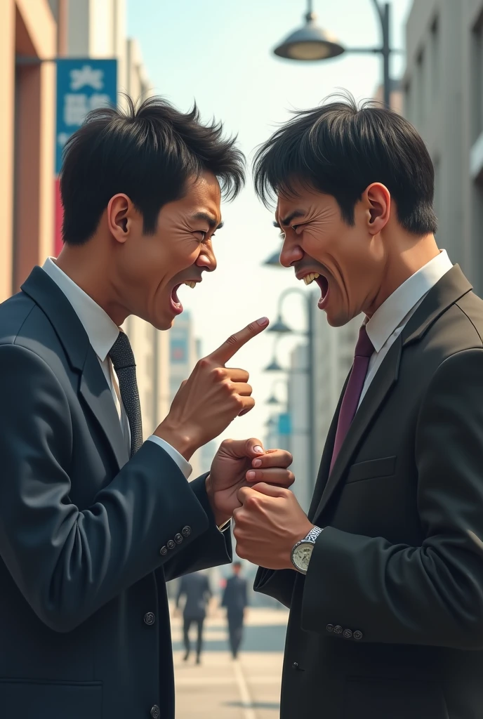 A realistic portrait of two modern Japanese men in their mid-20s, engaged in a heated argument. One is angrily pointing a finger at the other, while the other man looks frustrated, clenching his fists. They are standing in an urban setting, such as a street with tense expressions on their faces,realistic skin texture,and fine details.Avoid cartoonish,anime style,illustration.