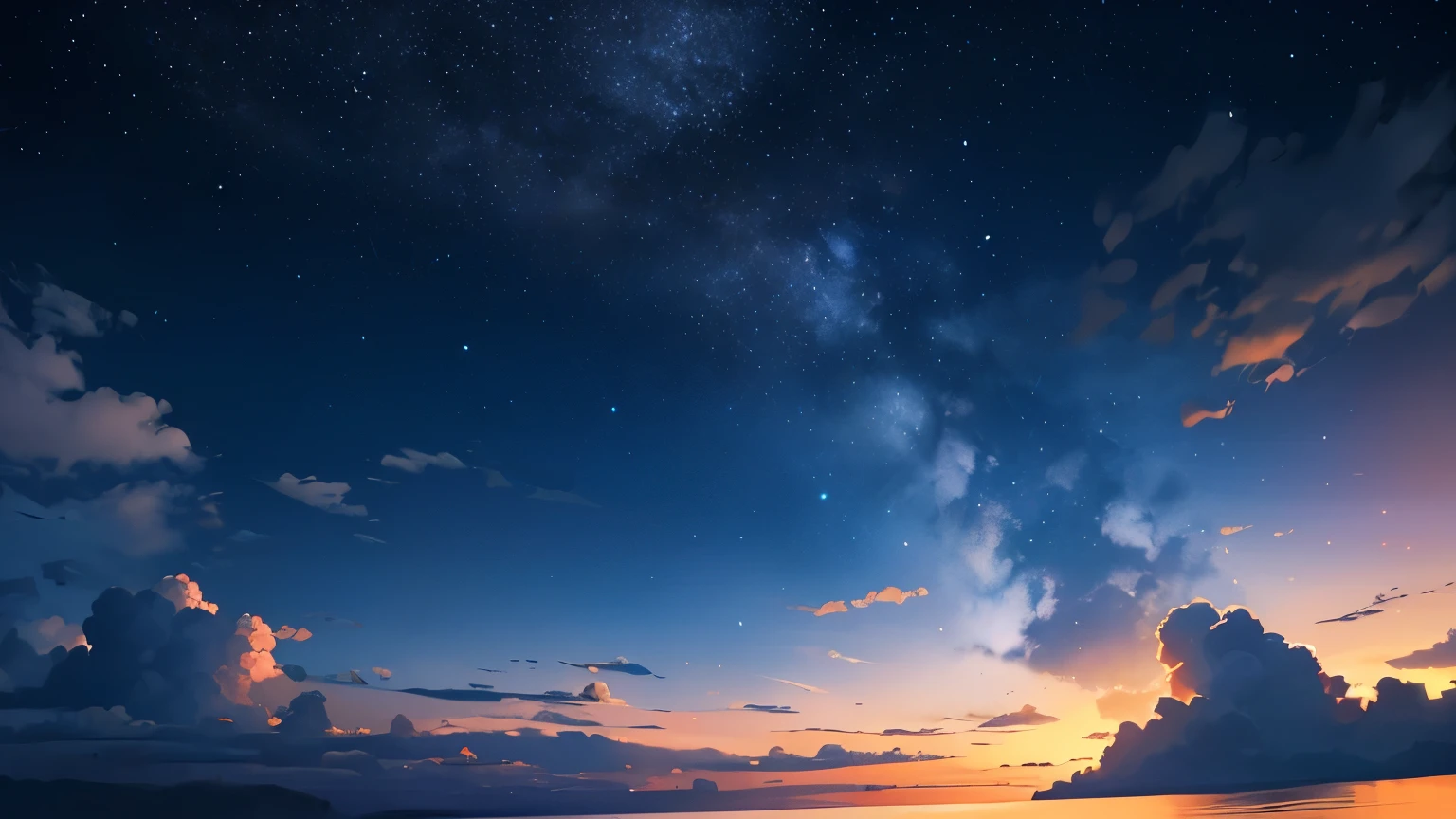 Create a fantastic image using only blue and orange on a black background.。Draw a night sky above the clouds。The night sky uses a blue and orange gradation.、Create a mysterious and beautiful space。