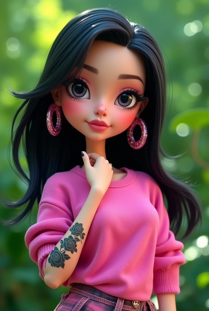 A bratz-like animation of a girl with medium black hair, White-skinned with a dot piercing on her left side nose with big earrings in her ears posing in a pink sweatshirt with a tattoo with many black roses on her left arm on a completely green background