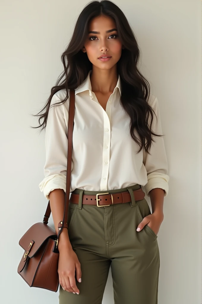 A girl or 18 long dark hair till her waist brown eyes tan skin wearing a white High collar blouse
with waist coat sleeve rolled up paired with olive colour trousers with wide leather belt carrying a brown satchel bag