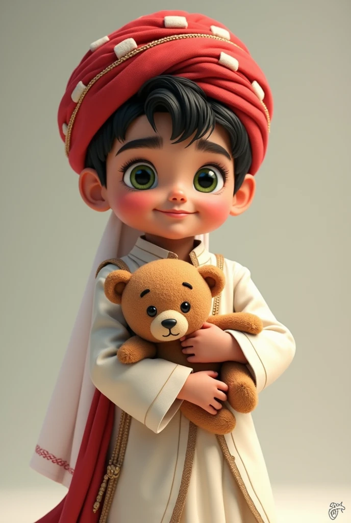 Teddy bear boy with red turban with white squares and white Arab robe with green eyes and thick black eyebrows