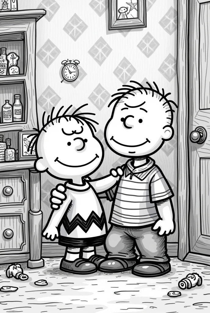 A coloring picture of Charlie Brown from Rugrats with his dad visiting mom