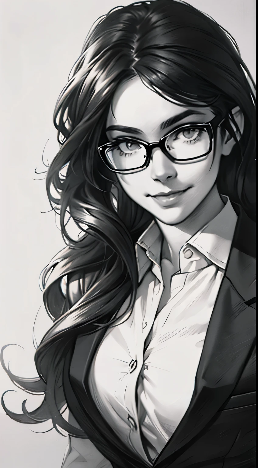 sketch，pencil drawing，Portrait of a young woman，Long wavy hair，Smile，business attire，Glasses，Black and white photo，Black and White Art，Black and white illustration，Ultrafine，The hair is carefully described，The eyes are carefully depicted，Best quality，8K resolution