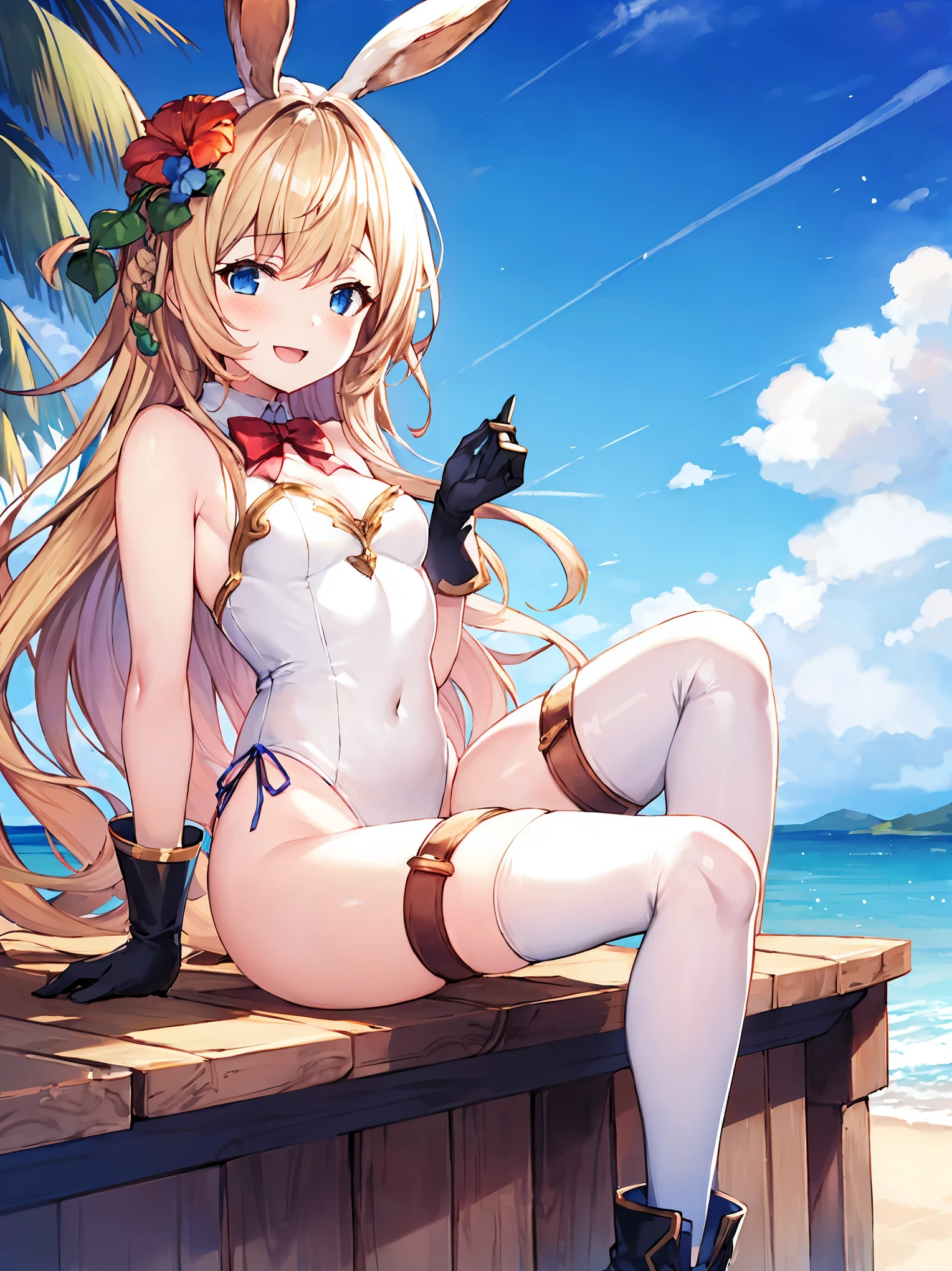 GRANBLUEfantasy,ung_teeirl,brown_hair,long_curly_hair,platina_blond_hair,white_leotard,covered_crotch,thigh-highs,smile,standing,bluesky_landscape_background,slightly_spread_legs,happiness, short_gloves ,solo, r18, navel,relicbuster,short,boots,open_mouth,sitting,knees,blush,shy,bunny_ears,solo.
