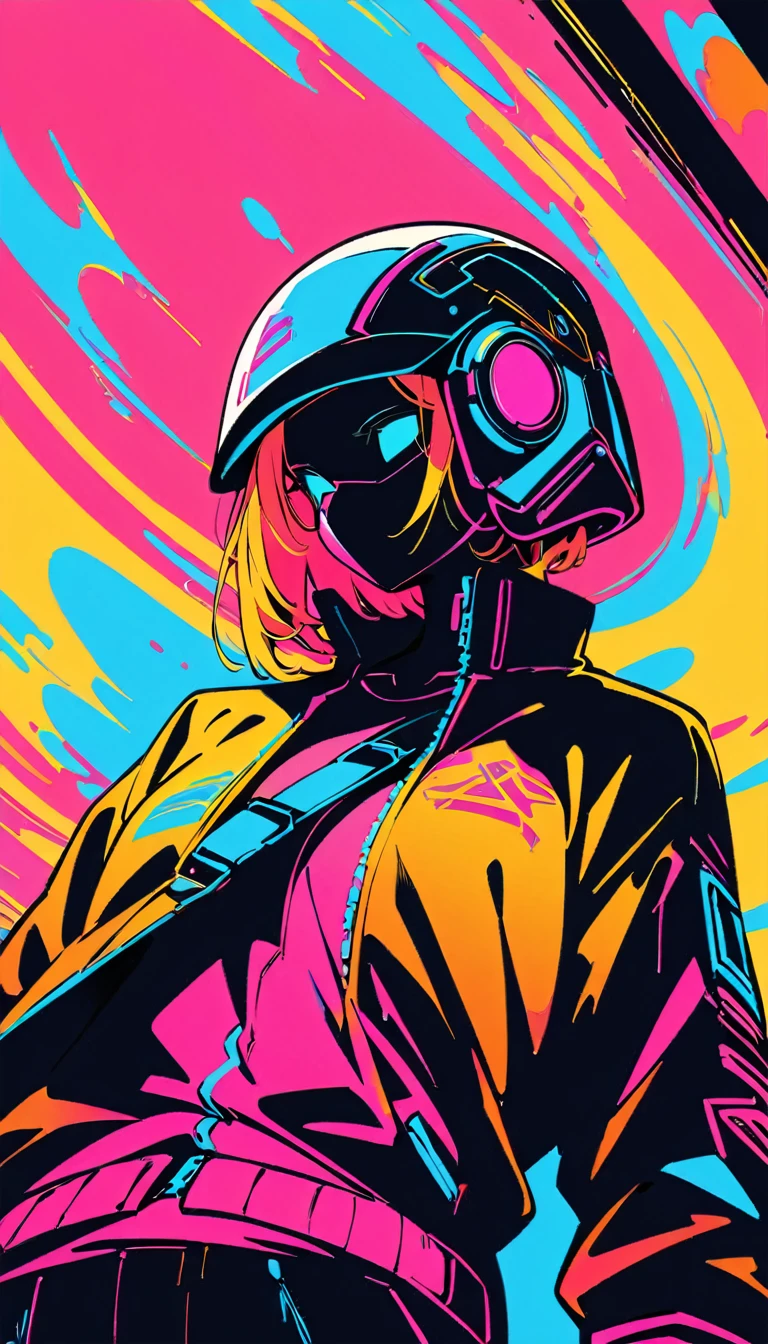 (high quality, 8k, 4K, High Contrast, masterpiece:1.2, 最high quality, Best aesthetics), (Dynamic Angle), ((1 female)), ((cyber punk)), ((Flat Color)), ((Colorful art)),Helmet,Riders jacket, Looking at the audience, Upper Body, Colored Background, High Contrast, Contrasting colors, Cowboy Shot,