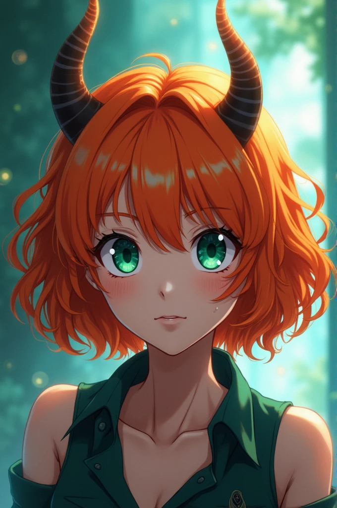 Screenshot of my hero academia girl medium curly orange hair with brown blue demon horns and green eyes