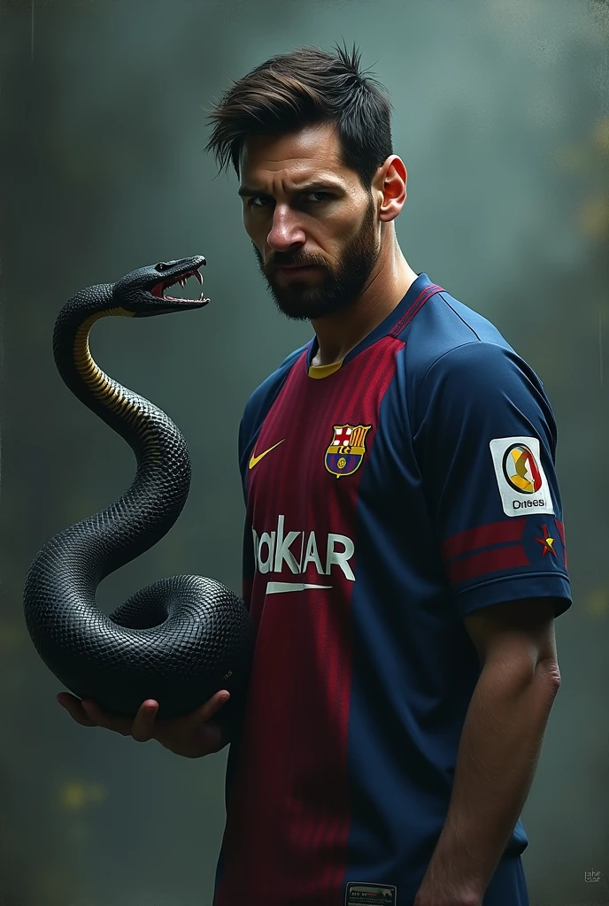 Messi with a black snake in his hand.