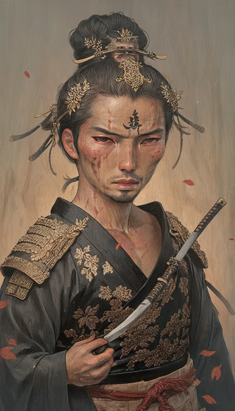 potrait intricate postures a samurai looks sad with a disappointed look on his face, his empty eyes look brooding, he is holding his katana, wearing black armor, cinematic, like in a movie, very detailed, low congtrast gray color, aura like full of disappointment, his face is full of wounds because he is ready from fighting who defeated his opponent, cinematic light from the side, sharp depth field towards his face. his body is full of wounds, leaves are flying with motion blur (i won but at what cost?)
