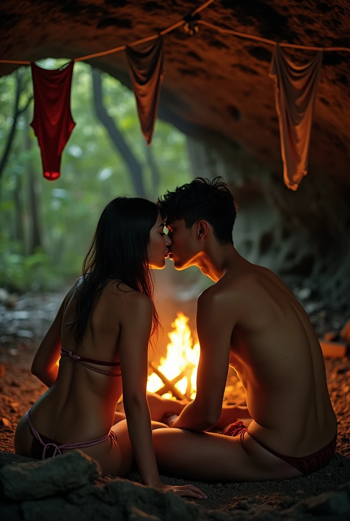 In the dense forest, a beautiful white-skinned Thai woman, her body completely naked, with her pubic hair clearly visible, her large breasts, was sitting against a fire in a cave with a naked young man. Both of their bodies were cold, and the atmosphere was brightly lit by the fire in the fire pit, where a pair of loincloths were hanging from the ceiling. The two of them slowly leaned towards each other and kissed.