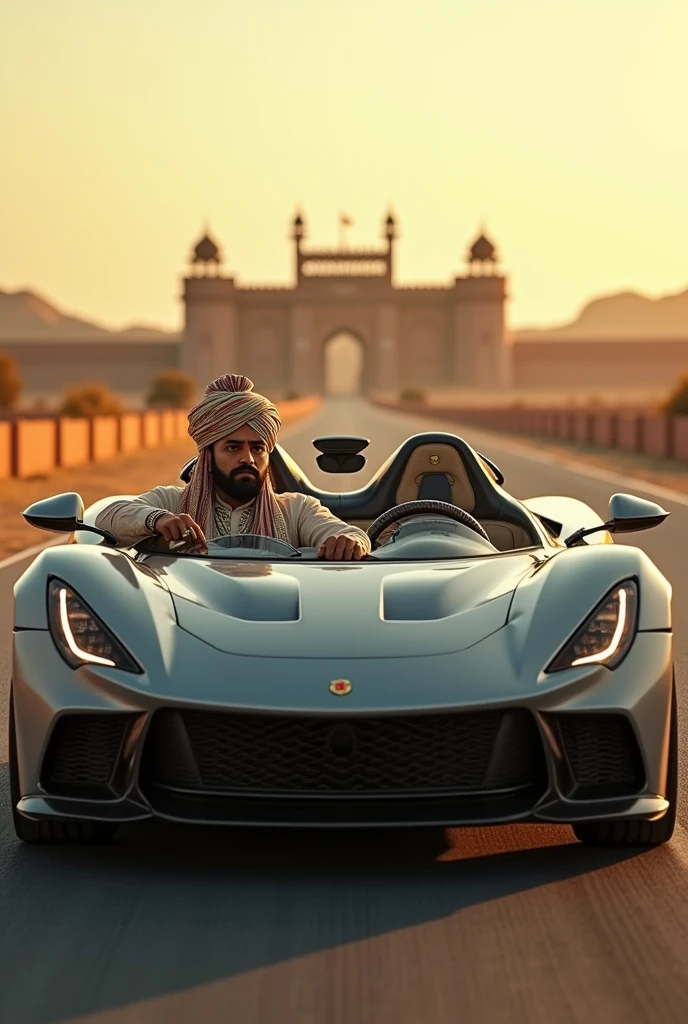 Create an image of Shivkar Bapuji Talpade, dressed in late 19th-century Indian attire, standing next to or interacting with a futuristic flying automobile. The automobile should have a vintage yet advanced look, blending elements of early aviation with modern design. The background should reflect a historical yet slightly futuristic setting."