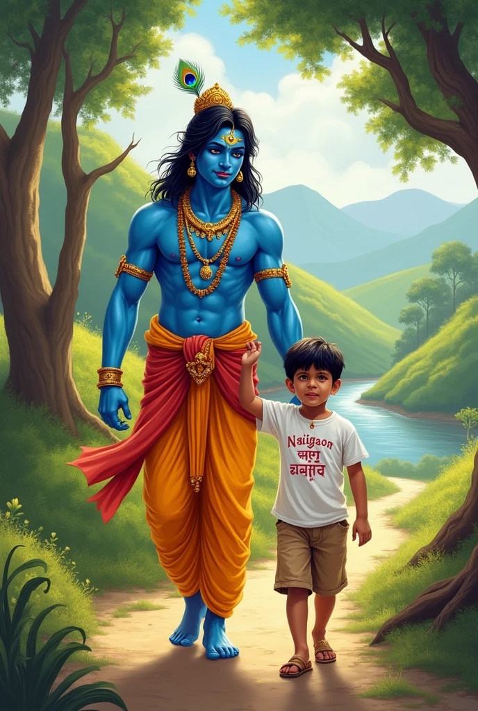 Lord Krishna walking with bod on boy ti shirt written naigaon ka ladka