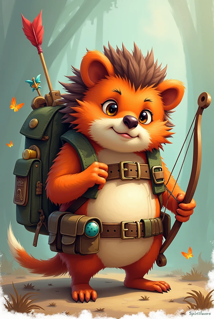 A drawing of a character in the style of the game Spiritfarer. A hedgehog with a tool belt, mischievous face, a big backpack and a bow and arrow. The hedgehog is female and has to be rounder. It needs to look chaotic and quite mischievous