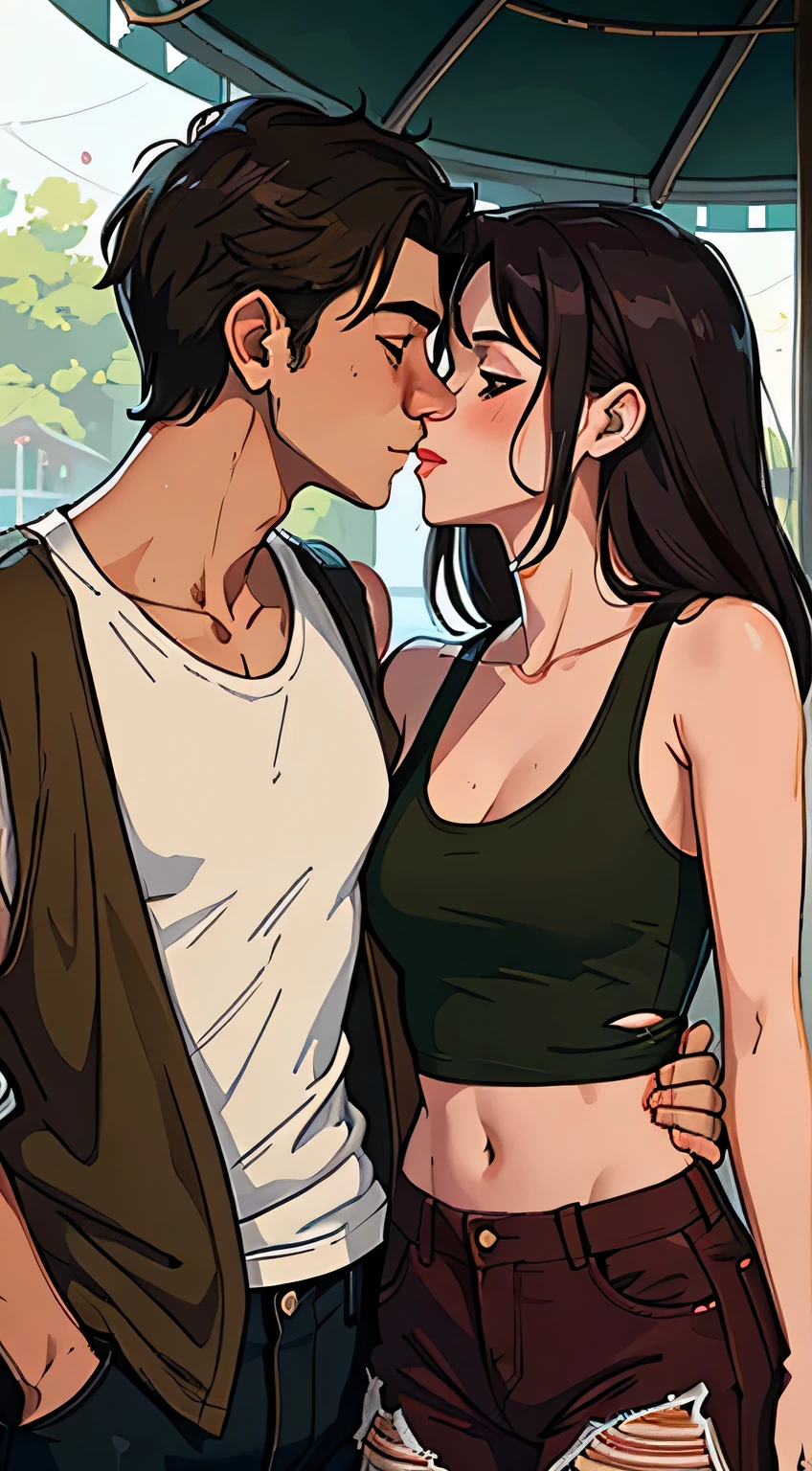 Amazing portrait of a man wearing maroon full sleeved t shirt and ripped jeans kissing a sexy woman wearing a olive green tank top paired with a white shirt and pants in an amusement park with soft lighting showcasing their amazing bodies tangled together with love and lust