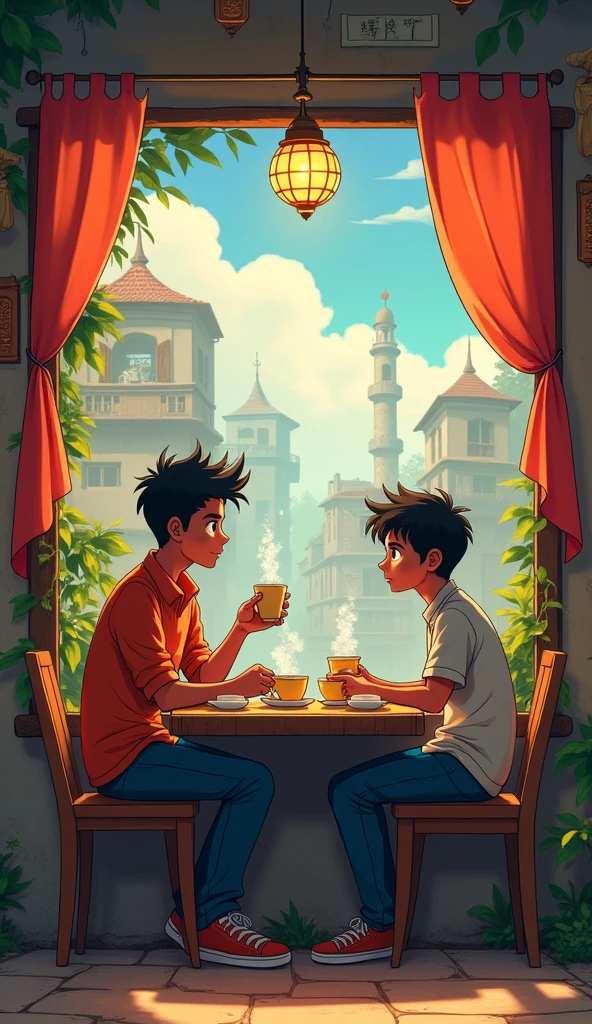 In the style of viral anime digital illustration in 4K quality, Rahul and Vijay started working on their business plan. After working hard day and night, his startup became successful. Today, they are both millionaires.
But he never forgot his roots. Even today, they go to the nook and drink tea and relive their old memories. Cartoon
