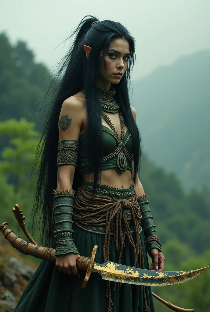 Colombian mythological character ,woman 3 stylized figure ,lives in the mountains and forests long hair unkempt,ghostly and dark character ,green eyes, strong, time of conquest ,armor of wood and thorns ,bow weapon made of bamboo ,jaguar tooth knife ,with gold leaf