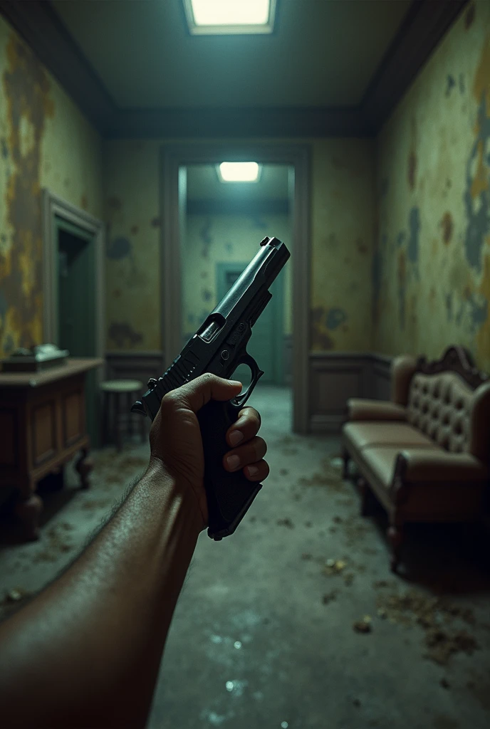 abandoned mansion, first person view showing only the left arm with a pistol