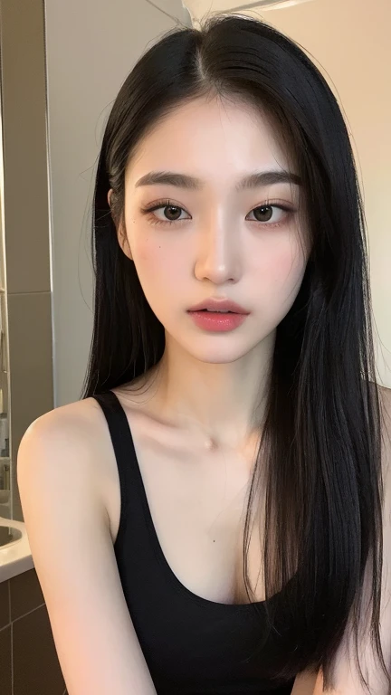 ((Best quality, 8k, Masterpiece :1.3)), Beautiful, y, tall, skinny woman, 1girl, beautiful woman with emphasis on slender abs: 1.3, (long black hair), ultra-detailed face, highly detailed lips, detailed eyes, long eyelashes,
(long legs, Micro pan ((tank top)), stand. In the bathroom