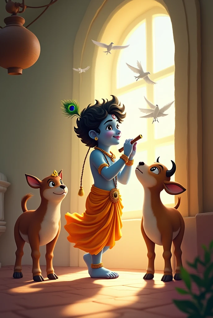 In small room lord ??? Krishna Krishna searching curd in hanging earthen pot, light coming from window, baby Krishna wear dupatta like dress with flute in his hand and peacock feather on his head, beautiful smile on his face, small birds are flying above him, calf waiting for him standing beside Krishna, his small kid friends enjoying happily