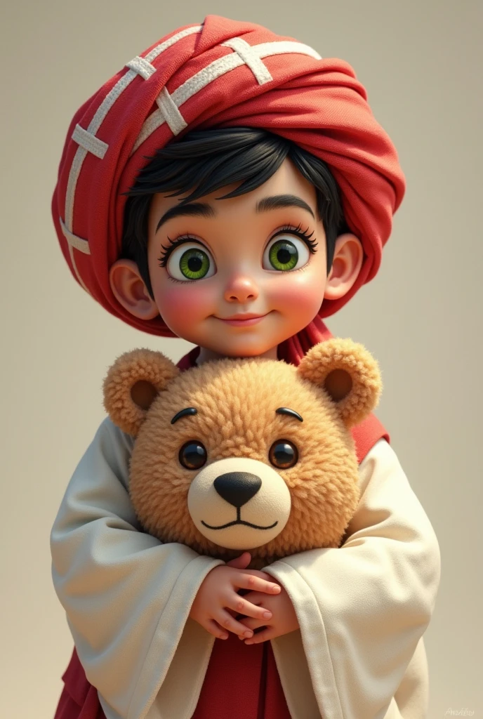 Teddy bear boy with red turban with white squares and white Arab robe with green eyes and thick black eyebrows